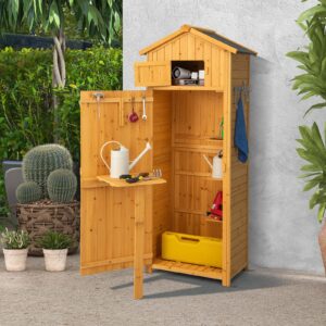 Goplus Outdoor Storage Shed, Wooden Garden Storage Cabinet with Lockable Doors, Foldable Table, Hooks, Utility Tool Organizer with Shelves, Waterproof Outside Tool Shed for Patio Backyard Lawn