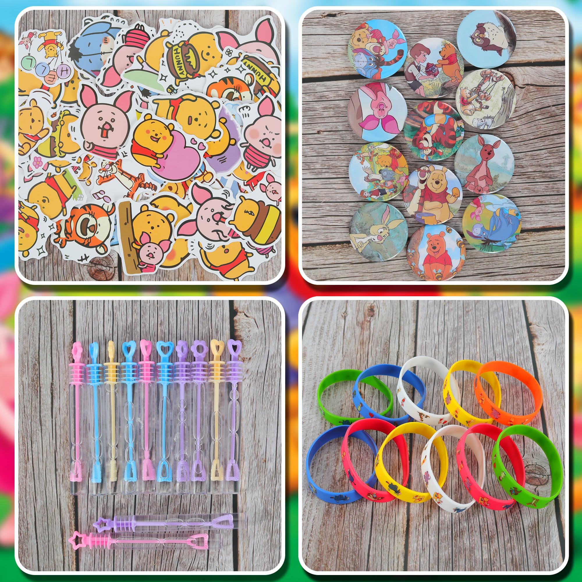 Nacipier 124PCS Bear Baby Shower Party Favor Supplies, Themed Birthday Decorations Including 12 Bracelets, 12 Keychains, 12 Button Pins, 50 Stickers, 14 Stampers, 12 Bubble Wands and Stickers