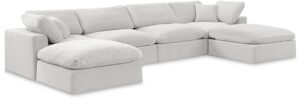 meridian furniture 189cream-sec6b comfy collection modern | contemporary upholstered modular sectional, soft cream velvet, down feather cushions, 158" w x 79" d x 34.5" h, cream