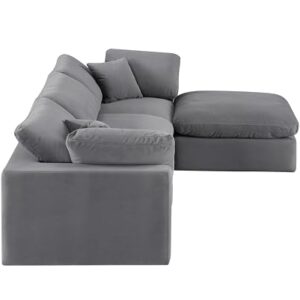 Meridian Furniture 189Grey-Sec4A Comfy Collection Modern | Contemporary Upholstered Modular Sectional, Soft Grey Velvet, Down Feather Cushions, 119" W x 79" D x 34.5" H, Grey