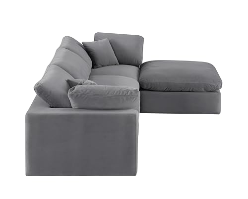 Meridian Furniture 189Grey-Sec4A Comfy Collection Modern | Contemporary Upholstered Modular Sectional, Soft Grey Velvet, Down Feather Cushions, 119" W x 79" D x 34.5" H, Grey