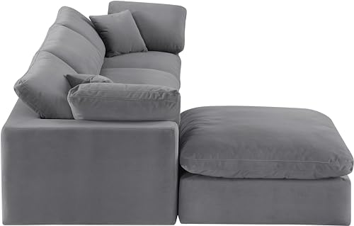 Meridian Furniture 189Grey-Sec4A Comfy Collection Modern | Contemporary Upholstered Modular Sectional, Soft Grey Velvet, Down Feather Cushions, 119" W x 79" D x 34.5" H, Grey