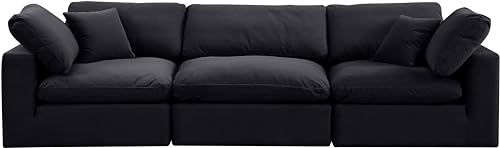 Meridian Furniture 189Black-S119 Comfy Collection Modern | Contemporary Upholstered Modular Sofa with Soft Black Velvet, Down Feather Cushions, 119" W x 40" D x 34.5" H, Black