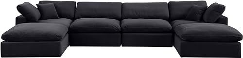 Meridian Furniture 189Black-Sec6B Comfy Collection Modern | Contemporary Upholstered Modular Sectional, Soft Black Velvet, Down Feather Cushions, 158" W x 79" D x 34.5" H, Black