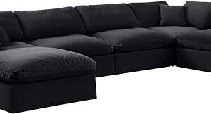 Meridian Furniture 189Black-Sec6B Comfy Collection Modern | Contemporary Upholstered Modular Sectional, Soft Black Velvet, Down Feather Cushions, 158" W x 79" D x 34.5" H, Black