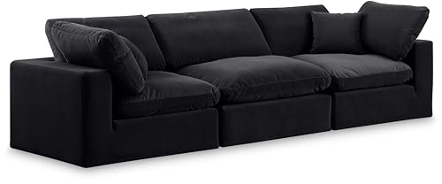 Meridian Furniture 189Black-S119 Comfy Collection Modern | Contemporary Upholstered Modular Sofa with Soft Black Velvet, Down Feather Cushions, 119" W x 40" D x 34.5" H, Black