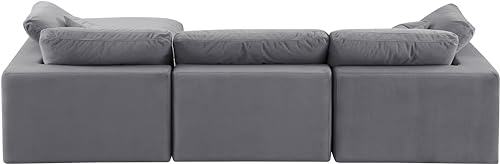 Meridian Furniture 189Grey-Sec4A Comfy Collection Modern | Contemporary Upholstered Modular Sectional, Soft Grey Velvet, Down Feather Cushions, 119" W x 79" D x 34.5" H, Grey