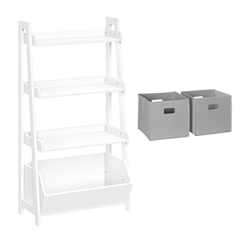 RiverRidge Kids 4-Tier Ladder Shelf Bookcase with Toy Organizer Bin 2 Gray Fabric Folding Bins and Spacious Open Shelves Display Stand for Books Toys & Games