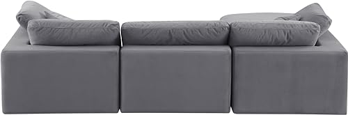 Meridian Furniture 189Grey-Sec4A Comfy Collection Modern | Contemporary Upholstered Modular Sectional, Soft Grey Velvet, Down Feather Cushions, 119" W x 79" D x 34.5" H, Grey