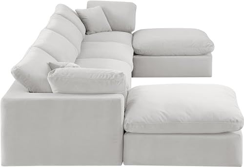 Meridian Furniture 189Cream-Sec6B Comfy Collection Modern | Contemporary Upholstered Modular Sectional, Soft Cream Velvet, Down Feather Cushions, 158" W x 79" D x 34.5" H, Cream