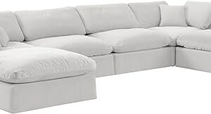 Meridian Furniture 189Cream-Sec6B Comfy Collection Modern | Contemporary Upholstered Modular Sectional, Soft Cream Velvet, Down Feather Cushions, 158" W x 79" D x 34.5" H, Cream