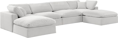 Meridian Furniture 189Cream-Sec6B Comfy Collection Modern | Contemporary Upholstered Modular Sectional, Soft Cream Velvet, Down Feather Cushions, 158" W x 79" D x 34.5" H, Cream