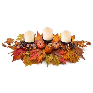 thanksgiving centerpiece fall table decorations, artificial gourd, pumpkins, pine cones, maple leaves and berries harvest table candle holder for dinning table, fireplace mantel (candle not included)