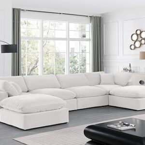 Meridian Furniture 189Cream-Sec6B Comfy Collection Modern | Contemporary Upholstered Modular Sectional, Soft Cream Velvet, Down Feather Cushions, 158" W x 79" D x 34.5" H, Cream