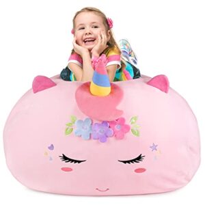 gagaku stuffed animal bean bag cover toy storage, 24 inches kids bean bag chair cover only pink unicorn large zipper bean bag for organizing kids plush toys home supplies (cover only)