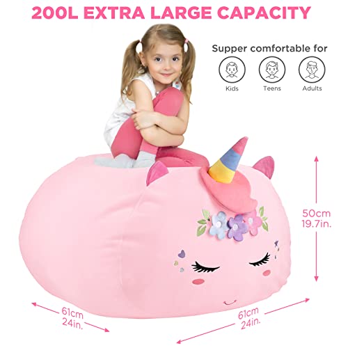 GAGAKU Stuffed Animal Bean Bag Cover Toy Storage, 24 Inches Kids Bean Bag Chair Cover ONLY Pink Unicorn Large Zipper Bean Bag for Organizing Kids Plush Toys Home Supplies (Cover Only)