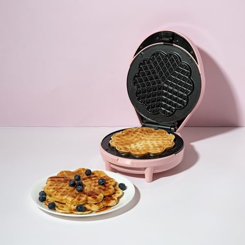 Paris Hilton Heart Waffle Maker, Makes 5 Mini Heart Shaped Waffles or 1 Individual Waffle, Easy to Clean 6" Nonstick Plates, Made without PFAS or PFOA, Electric Waffle Iron, Pink