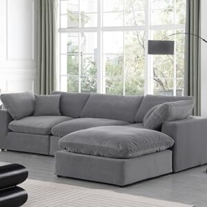 Meridian Furniture 189Grey-Sec4A Comfy Collection Modern | Contemporary Upholstered Modular Sectional, Soft Grey Velvet, Down Feather Cushions, 119" W x 79" D x 34.5" H, Grey