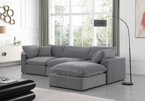 Meridian Furniture 189Grey-Sec4A Comfy Collection Modern | Contemporary Upholstered Modular Sectional, Soft Grey Velvet, Down Feather Cushions, 119" W x 79" D x 34.5" H, Grey