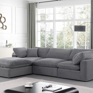 Meridian Furniture 189Grey-Sec4A Comfy Collection Modern | Contemporary Upholstered Modular Sectional, Soft Grey Velvet, Down Feather Cushions, 119" W x 79" D x 34.5" H, Grey