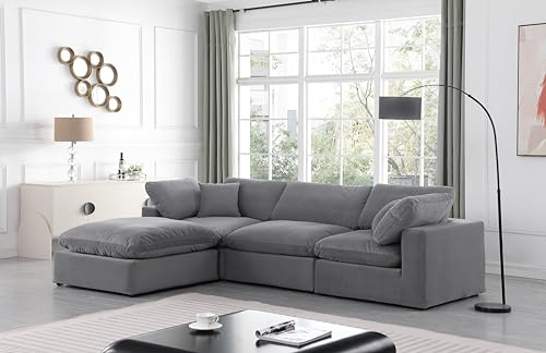 Meridian Furniture 189Grey-Sec4A Comfy Collection Modern | Contemporary Upholstered Modular Sectional, Soft Grey Velvet, Down Feather Cushions, 119" W x 79" D x 34.5" H, Grey