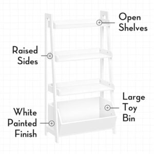 RiverRidge Kids 4-Tier Ladder Shelf Bookcase with Toy Organizer Bin 2 Gray Fabric Folding Bins and Spacious Open Shelves Display Stand for Books Toys & Games