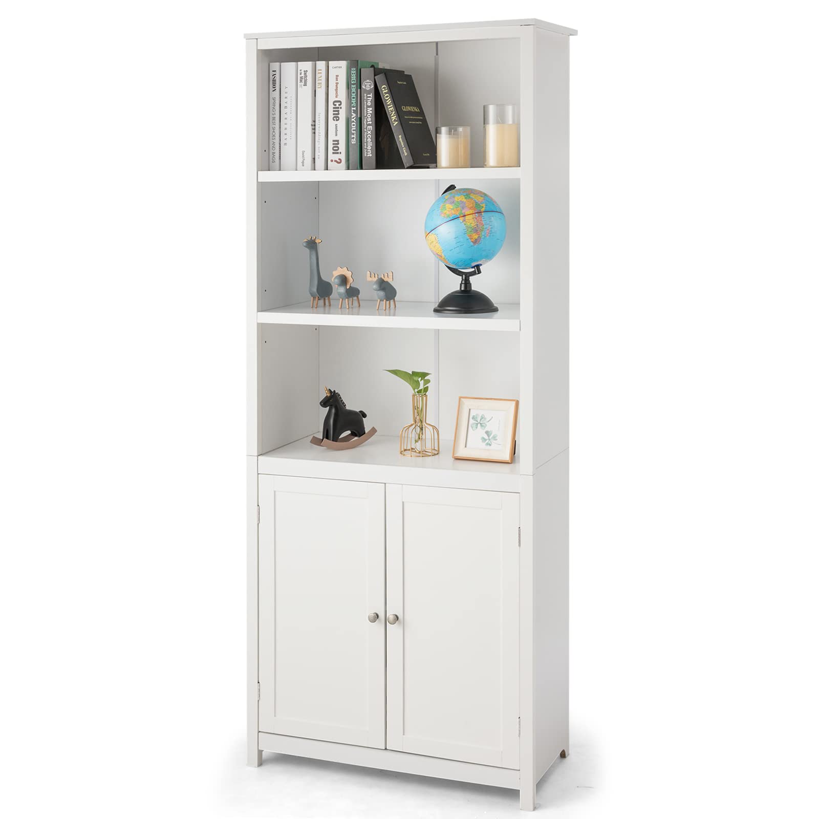 IFANNY Tall Bookshelf with Doors, 3 Shelf Bookcase with Storage Cabinet, Vertical Bookshelves and Bookcases, Modern Display Shelf, Wood Book Shelf for Bedroom, Living Room, Home Office (White)