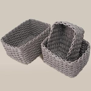 recycled wicker storage basket, paper rope storage baskets for organizing container bins for shelves cupboards drawer, small woven basket set of 3