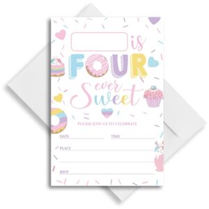 LoaHak Four Ever Sweet Birthday Invitation, Donut Invitation, Donut party favors for kids, birthday party invitations. (011)