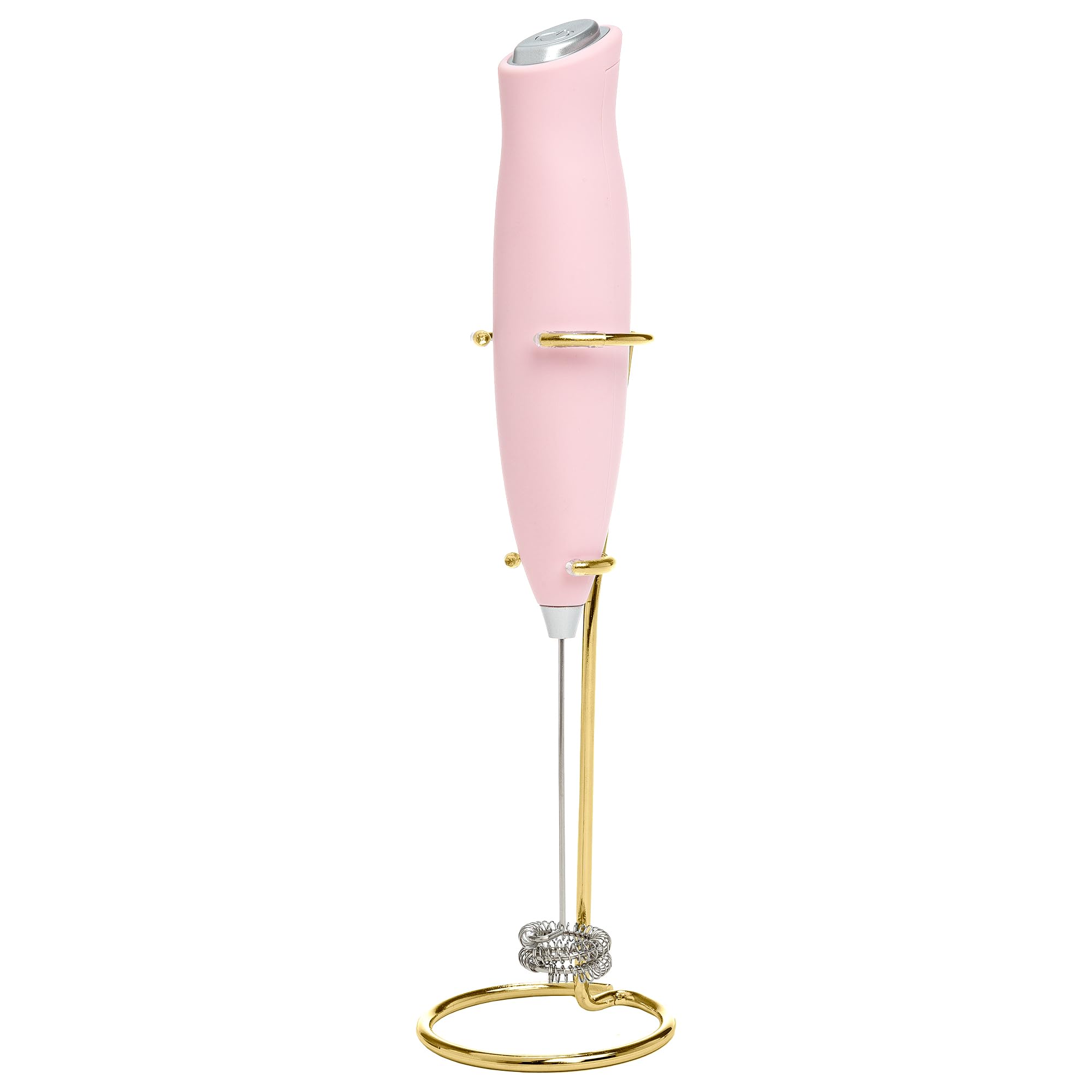 Paris Hilton Electric Handheld Milk Frother with Double Coil Head Whisk and Gold Metal Stand, Battery Powered (2 AA Batteries Required but Not Included), Pink Sparkle Finish