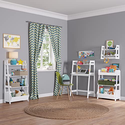 RiverRidge Kids 4-Tier Ladder Shelf Bookcase with Toy Organizer Bin 2 Gray Fabric Folding Bins and Spacious Open Shelves Display Stand for Books Toys & Games