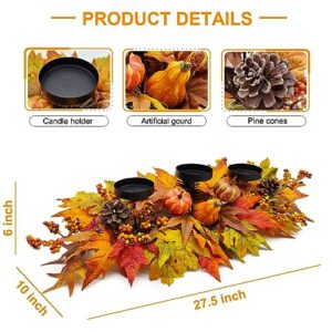 Thanksgiving Centerpiece Fall Table Decorations, Artificial Gourd, Pumpkins, Pine Cones, Maple Leaves and Berries Harvest Table Candle Holder for Dinning Table, Fireplace Mantel (Candle Not Included)