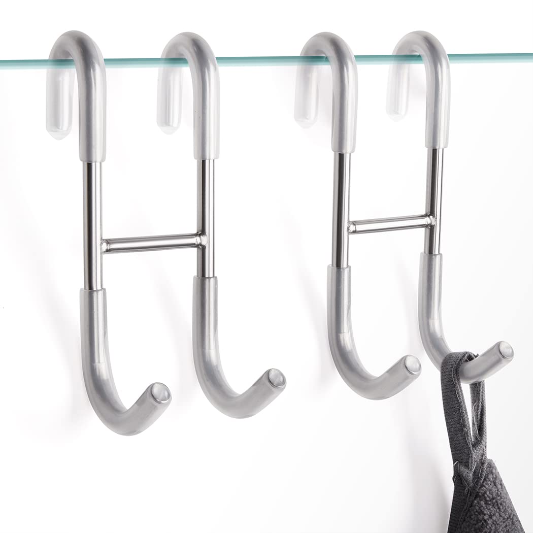 NINETREX Shower Door Hooks,Towel Hooks for Bathrooms Frameless Glass Door,Heavy Duty SUS 304 Stainless Steel Hook for Towels,Squeegee,Loofah,Shaver,Robe,2 Pack,Silver