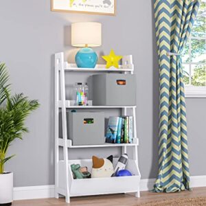 RiverRidge Kids 4-Tier Ladder Shelf Bookcase with Toy Organizer Bin 2 Gray Fabric Folding Bins and Spacious Open Shelves Display Stand for Books Toys & Games