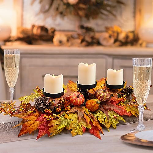 Thanksgiving Centerpiece Fall Table Decorations, Artificial Gourd, Pumpkins, Pine Cones, Maple Leaves and Berries Harvest Table Candle Holder for Dinning Table, Fireplace Mantel (Candle Not Included)