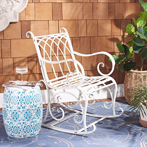 SAFAVIEH Outdoor Collection Medrano Victorian Antique White Wrought Iron Rocking Chair