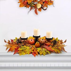 Thanksgiving Centerpiece Fall Table Decorations, Artificial Gourd, Pumpkins, Pine Cones, Maple Leaves and Berries Harvest Table Candle Holder for Dinning Table, Fireplace Mantel (Candle Not Included)