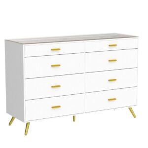 PAKASEPT White Dresser with LED Lights for Bedroom,8 Drawer Dressers with Tempered Glass Top,Chests of Drawers with 2 Grid Drawer,Storage Organizer Dresser for Hallway,Living Room