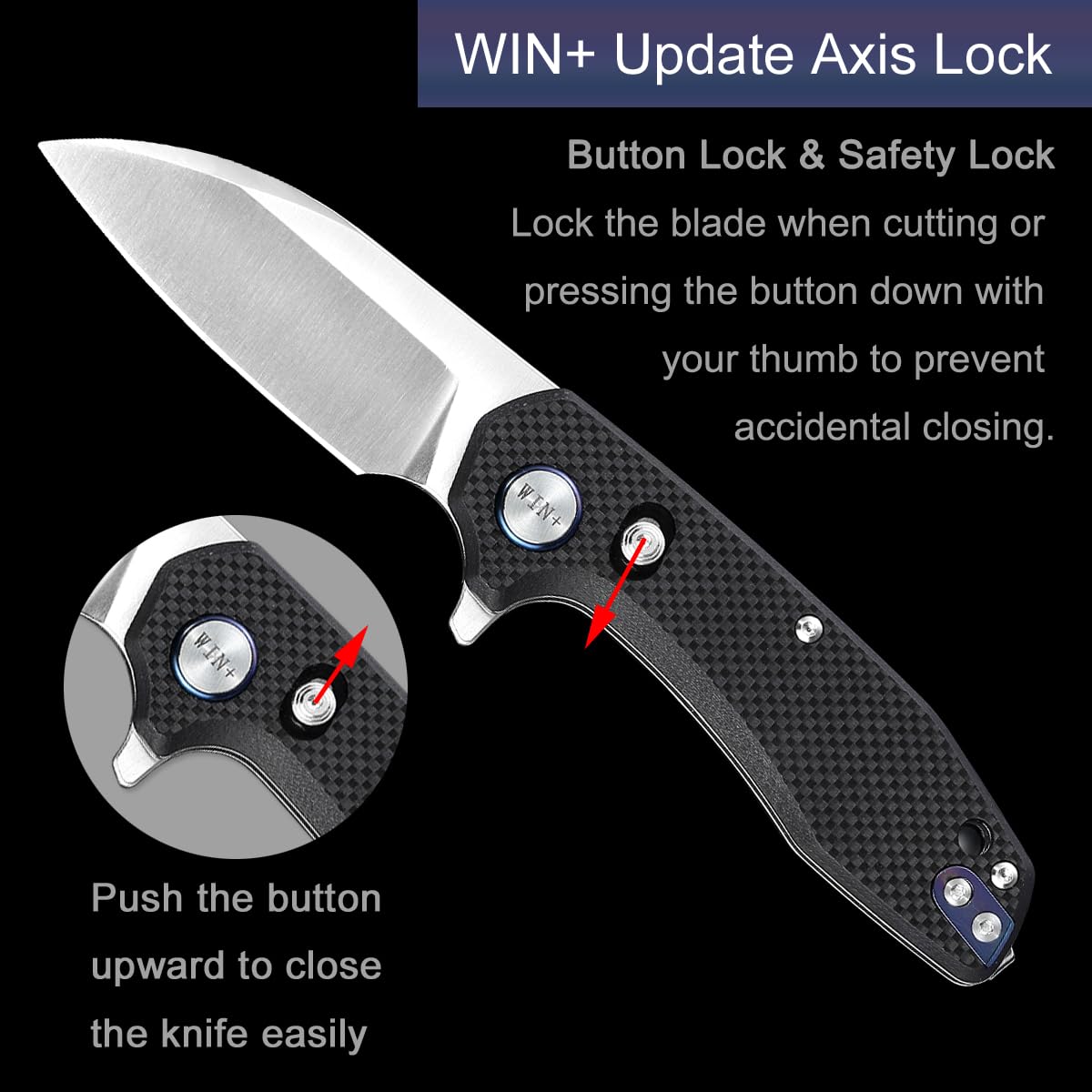 WIN+ Pocket Knife, Folding Knife with Button Lock, EDC Knife with Axis Lock and Ball Bearing, D2 Tactical Knife with G10 Handle, Survival Knives for Camping W3435 (A-Black-G10)