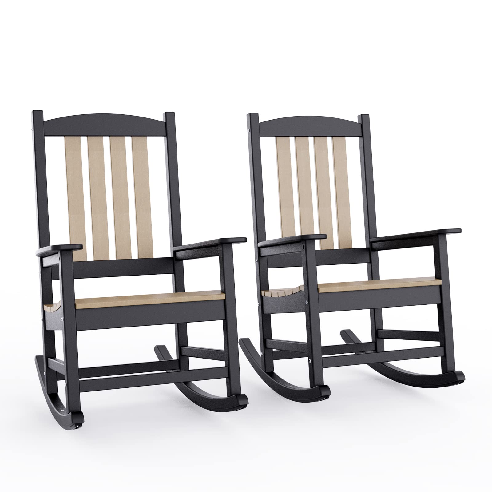 OTSUN Oversized Patio Rocking Chair Set of 2, All Weather Resistant Outdoor Rocker Chair, 380lbs Load Capacity, High Back, Widened Armrests for Yard, Garden, Indoor, Lawn, Black & Brown