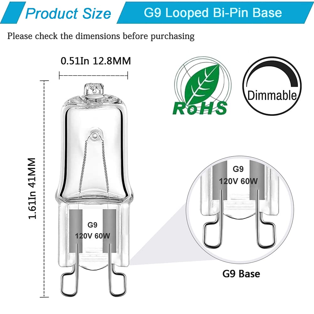 XBOCMY 10 Pack G9 120 Volt 60 Watt Bi-Pin Halogen Bulbs,Replacement T4 JCD Type Dimmable Bulbs for Ceiling Lights,Table Light,Cabinet Lights,Warm White Brightness