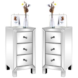 bonnlo 3-drawer mirrored nightstand set of 2, end table, bedside table, glass nightstand for bedroom, living room, silver, 11.7" l x 11.8" w x 23.8" h