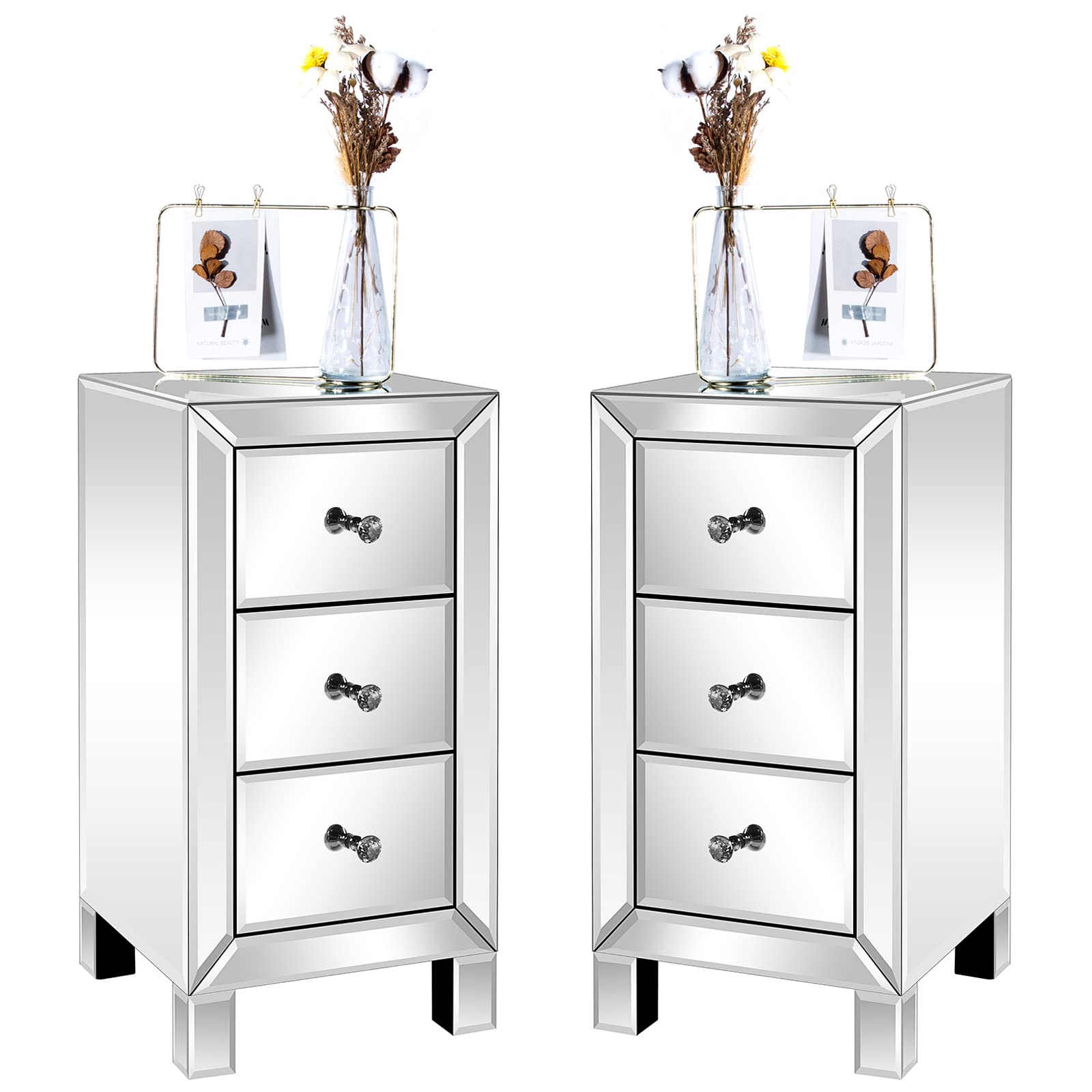 Bonnlo 3-Drawer Mirrored Nightstand Set of 2, End Table, Bedside Table, Glass Nightstand for Bedroom, Living Room, Silver, 11.7" L x 11.8" W x 23.8" H