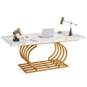 Tribesigns 63" Modern Office Desk, White and Gold Executive Desk, Large Computer Desk Home Office Desk with Gold Metal Frame, Wood Workstation Study Writing Desk