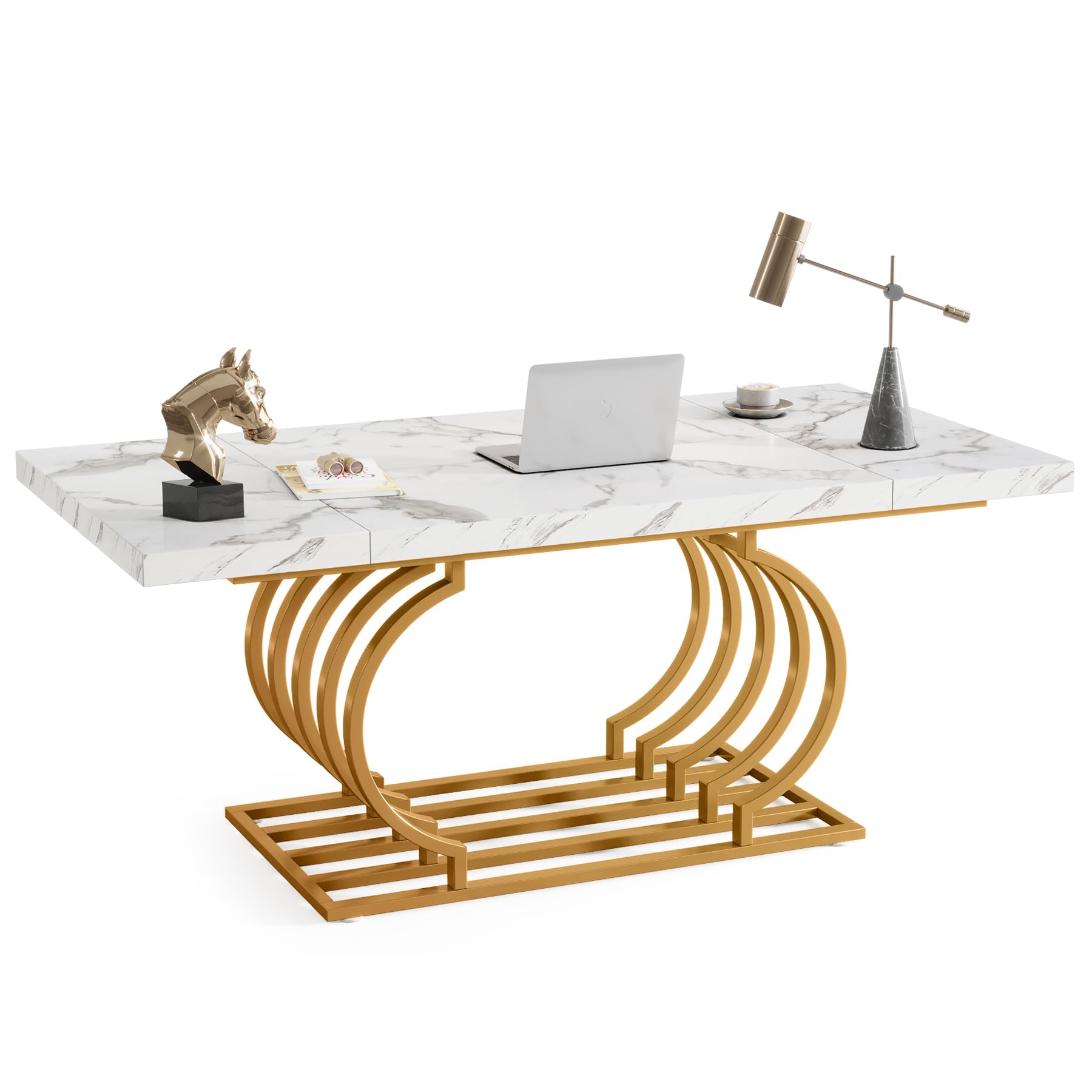 Tribesigns 63" Modern Office Desk, White and Gold Executive Desk, Large Computer Desk Home Office Desk with Gold Metal Frame, Wood Workstation Study Writing Desk