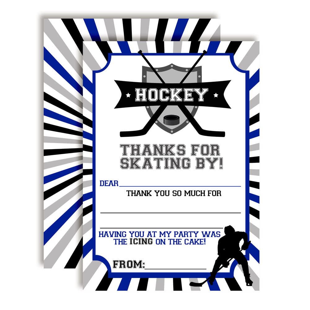 Blue & Gray Hockey Birthday Party Thank You Notes, Ten 4" x 5.5" Fill-In The Blank Cards with 10 White Envelopes by AmandaCreation