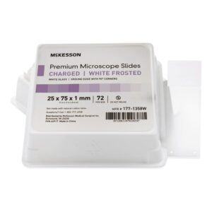 mckesson microscope slides - charged, white frosted, ground edged with 90° corners, pre-cleaned glass slides, 72 count