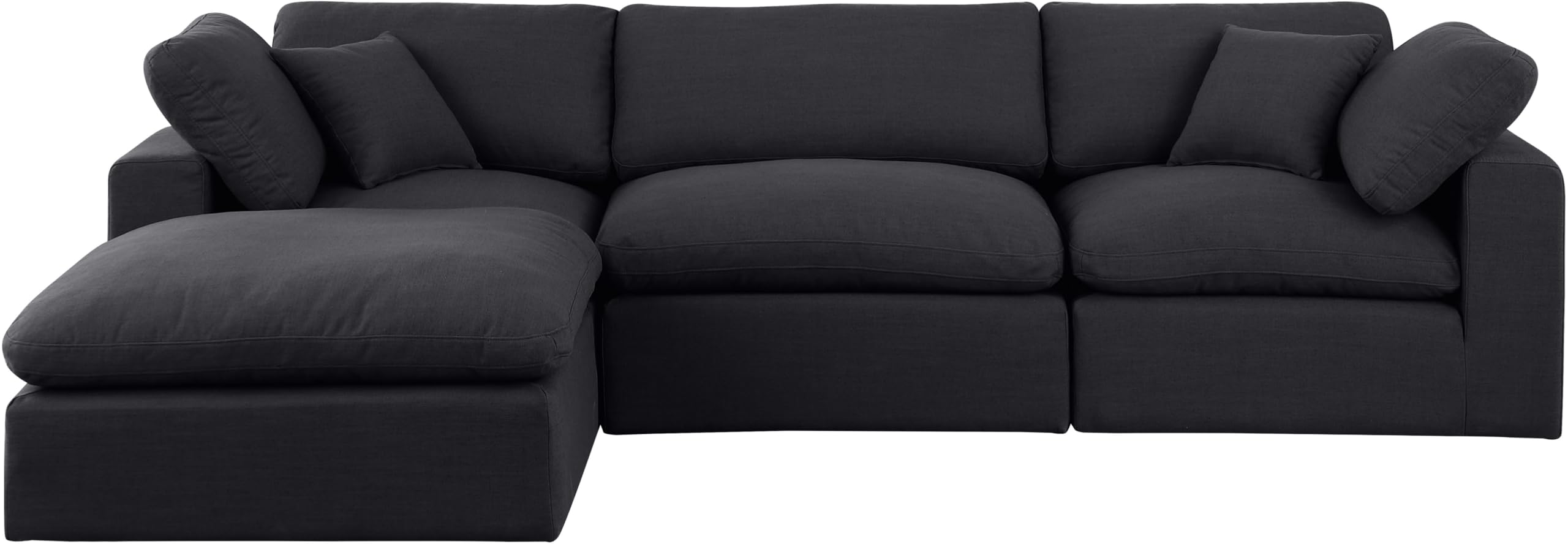 Meridian Furniture 187Black-Sec4A Comfy Collection Modern | Contemporary Upholstered Modular Sectional, Black Linen Textured Fabric Upholstery, Down Feather Cusions, 119" W x 79" D x 34.5" H, Black