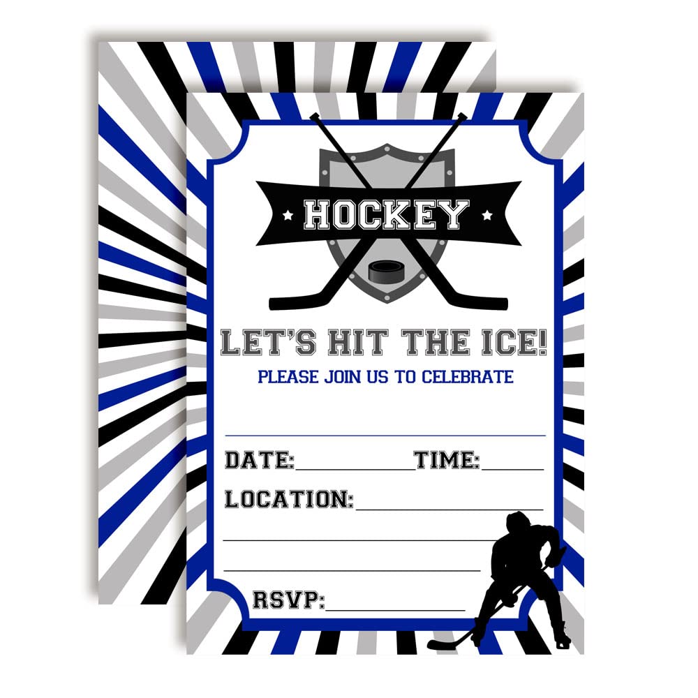 Amanda Creation Blue & Gray Hockey Birthday Party Invitations, 20 5x7 Fill-In Cards with Twenty White Envelopes