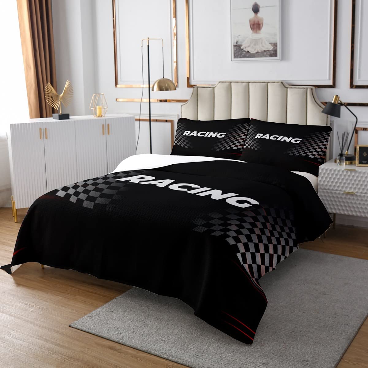 Racing Theme Lightweight Quilt Set for Kids Teens,Checkered Flag Bedspread Coverlet,Race Car Bed Cover Black and White Bedding Set Decorative Quilted 2 Piece Coverlet Set with 1 Pillow Sham,Twin Size